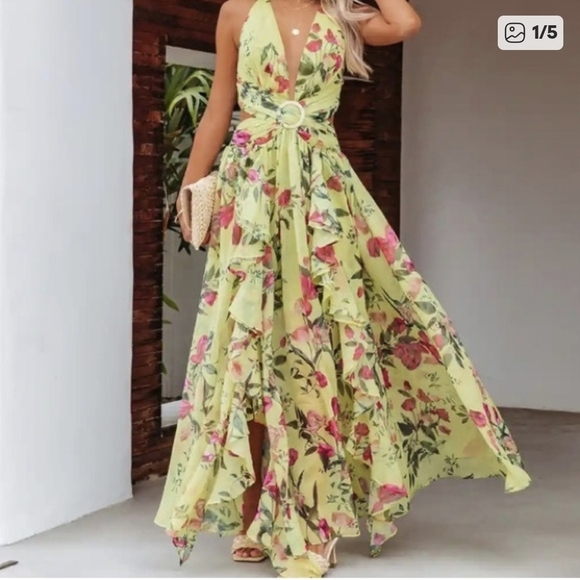 Olia Dresses & Skirts - Vici Lime Green Floral Halter Maxi Dress with Waist Ring
